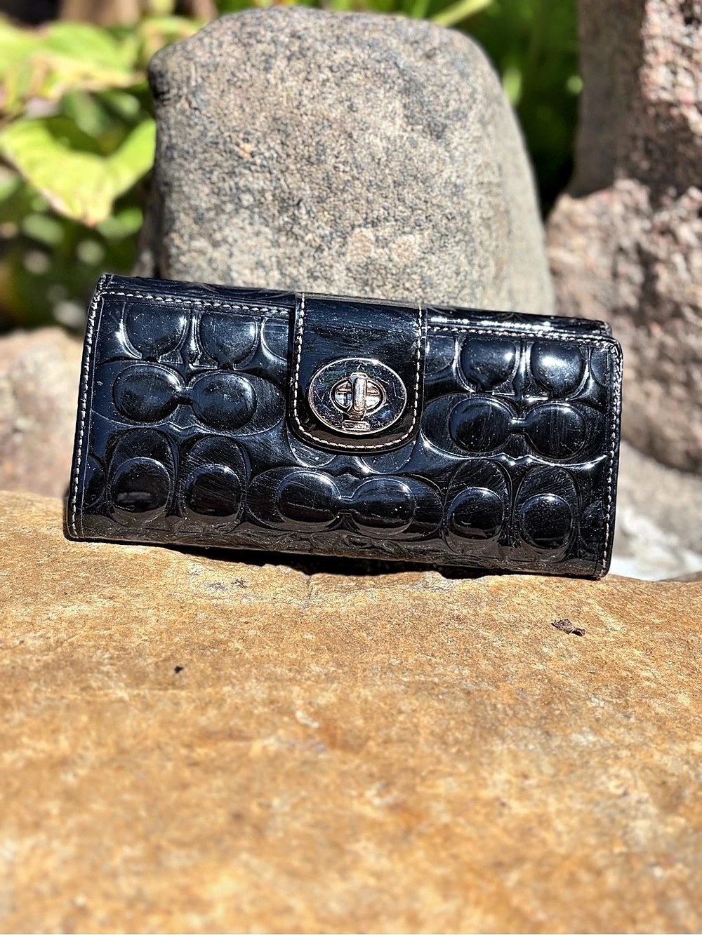 Coach Signature Patent Leather Turnlock Long Wallet